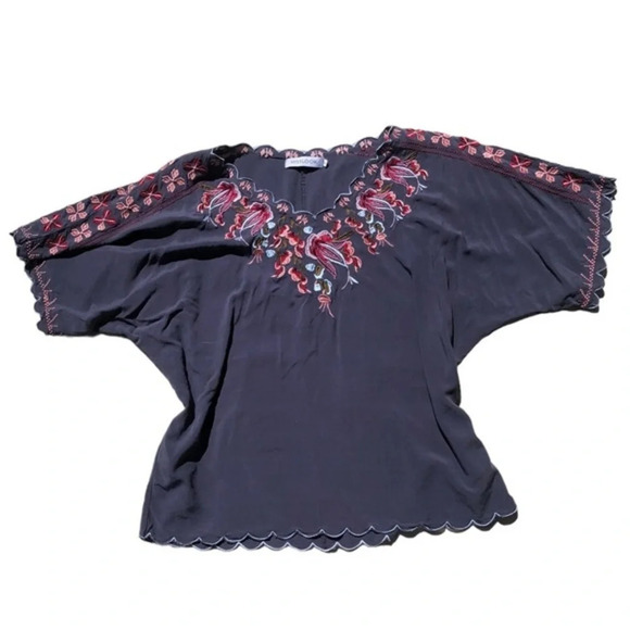 Misslook Embroidered Gray Short Sleeve Top V Neck Boho Blouse Size L - Picture 3 of 11